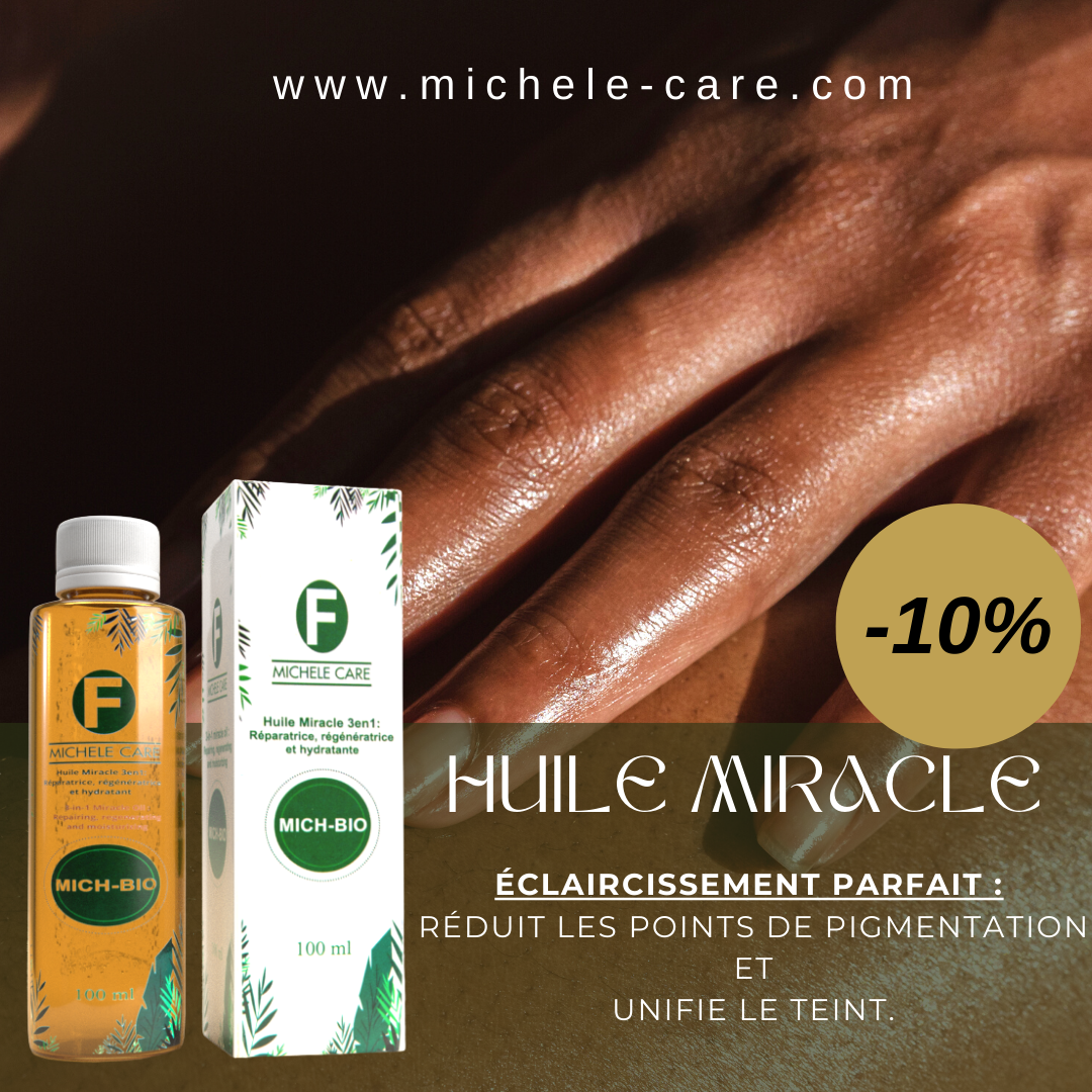 Huile Miracle Mich-Bio de Michele Care ( lutte efficacement contre les points pigmentaires, les veines vertes et contre les vergetures)
