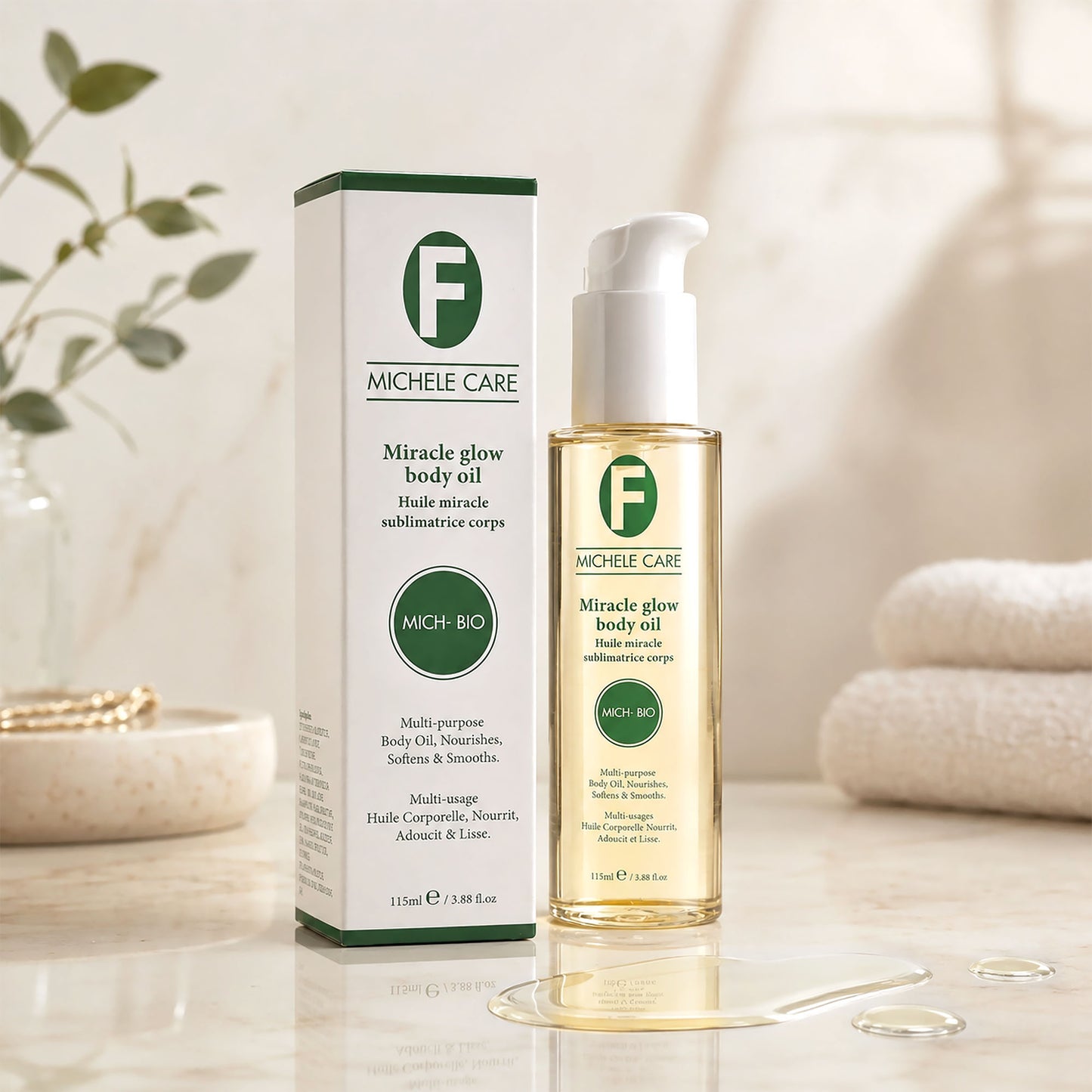 Huile Miracle Mich-Bio de Michele Care ( lutte efficacement contre les points pigmentaires, les veines vertes et contre les vergetures)