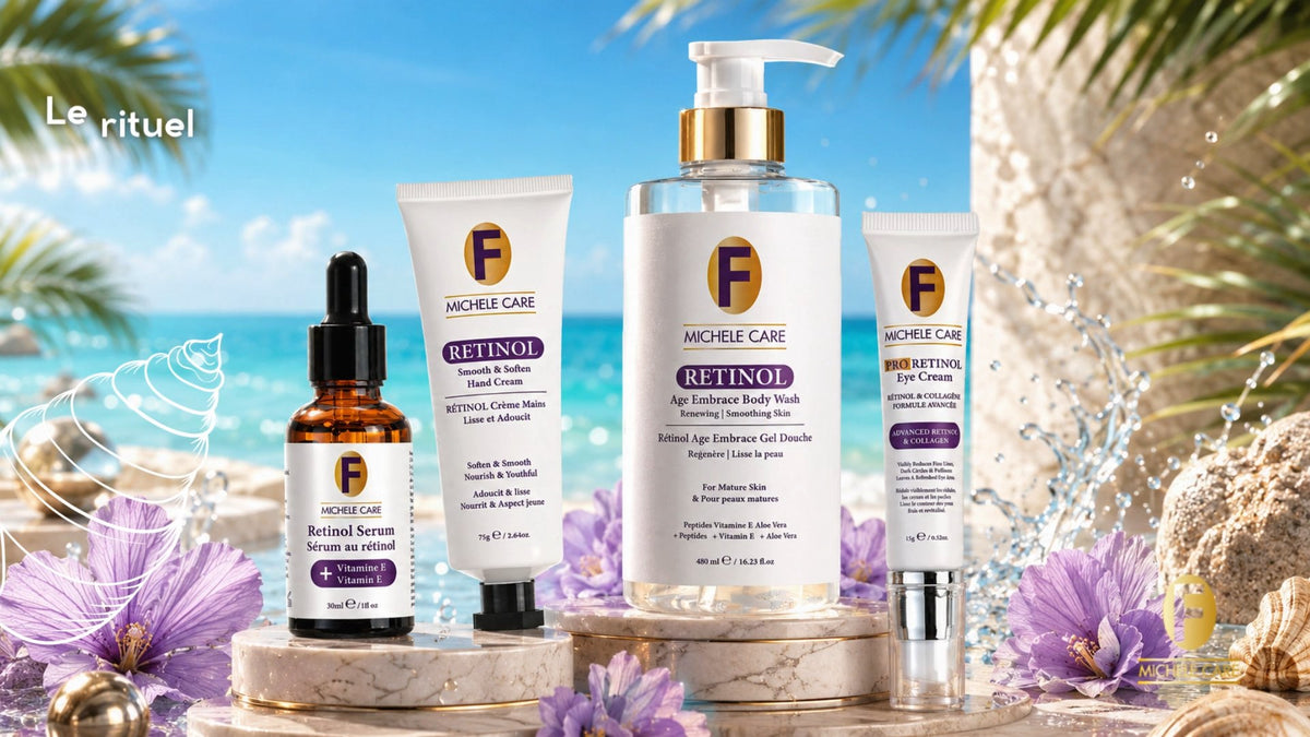 La gamme Rétinol Michele Care en bord de mer : sérum, crème mains, gel douche et contour des yeux